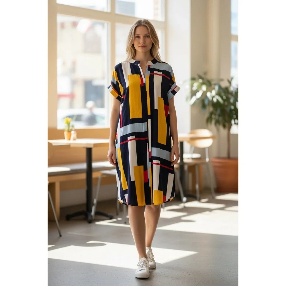 Abstract Geometric Colorblock Shift Dress XL Short Sleeve Mod Art Pop Modernist‎ - Picture 2 of 7